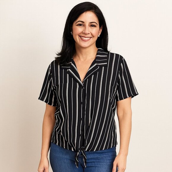 Japna Black Striped Button-Down Blouse with Front Tie – Short Sleeve Casual Top - Picture 1 of 9